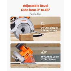 VEVOR Cordless Circular Saw, 7-1/4 inch Blade, 5000 RPM Speed, 0-45 Degree Bevel Capability, Brushless Motor, LED
