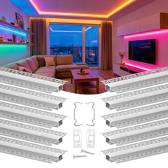 VEVOR Plaster-in LED Aluminum Channel, 10-Pack 6.6 ft/2M, Trimless Recessed Drywall LED Strip Diffuser Channel, with