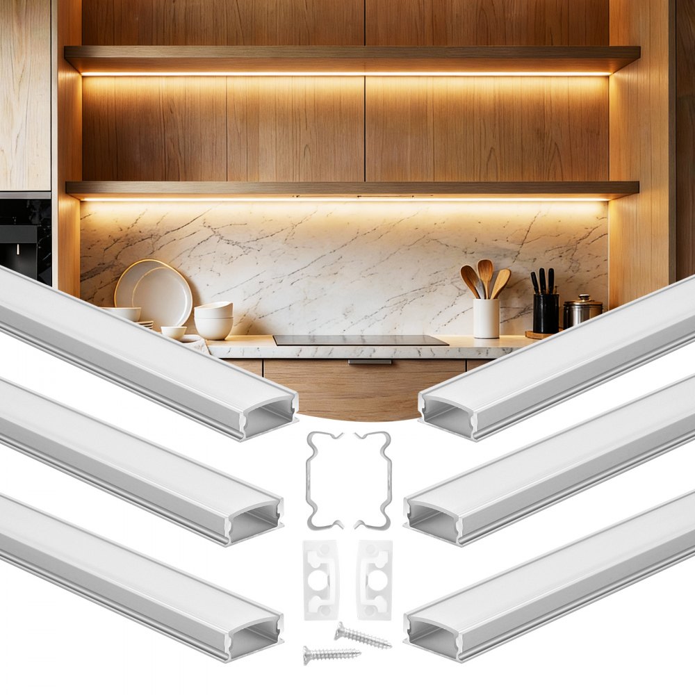 VEVOR 6-Pack 3.3 ft/1M U Shape LED Aluminum Channel, with Milky Cover, End Caps and Mounting Clips, Aluminum Profile