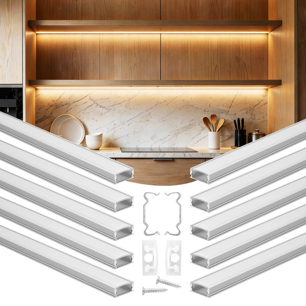 VEVOR 10-Pack 6.6 ft/2M U Shape LED Aluminum Channel, with Milky Cover, End Caps and Mounting Clips, Aluminum Profile