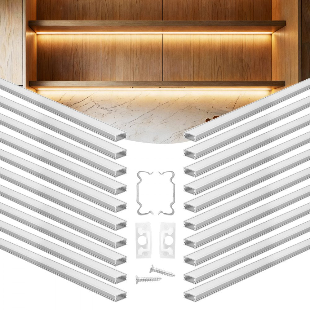 VEVOR 20-Pack 6.6 ft/2M U Shape LED Aluminum Channel, with Milky Cover, End Caps and Mounting Clips, Aluminum Profile