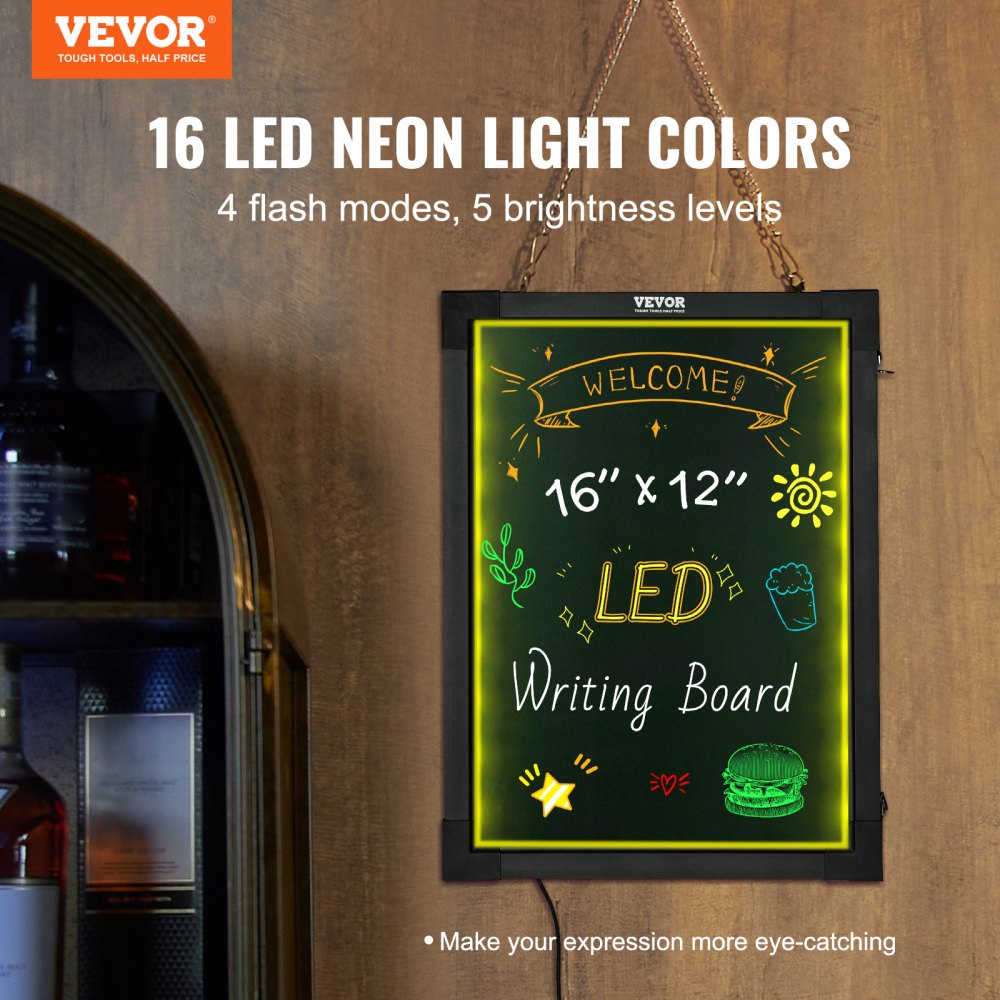 VEVOR LED Message Writing Board, 16"x12" Illuminated Erasable Lighted Chalkboard, Neon Effect Menu Sign Board, Drawing