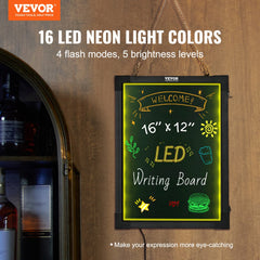 VEVOR LED Message Writing Board, 16"x12" Illuminated Erasable Lighted Chalkboard, Neon Effect Menu Sign Board, Drawing
