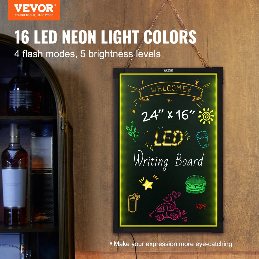 VEVOR LED Message Writing Board, 24"x16" Illuminated Erasable Lighted Chalkboard, Neon Effect Menu Sign Board, Drawing