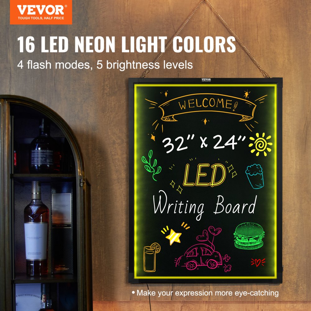 VEVOR LED Message Writing Board, 32"x24" Illuminated Erasable Lighted Chalkboard, Neon Effect Menu Sign Board, Drawing
