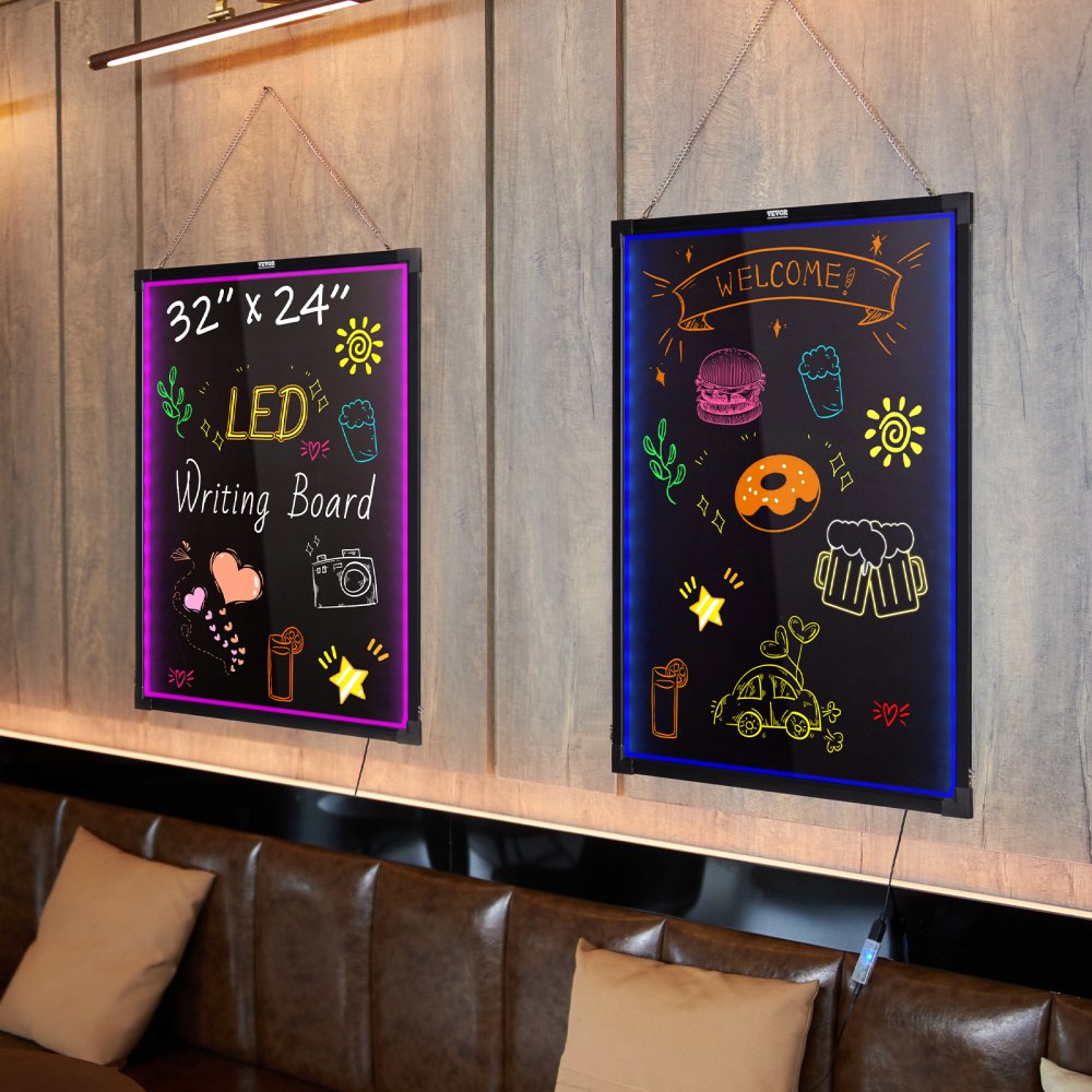 VEVOR LED Message Writing Board, 32"x24" Illuminated Erasable Lighted Chalkboard, Neon Effect Menu Sign Board, Drawing