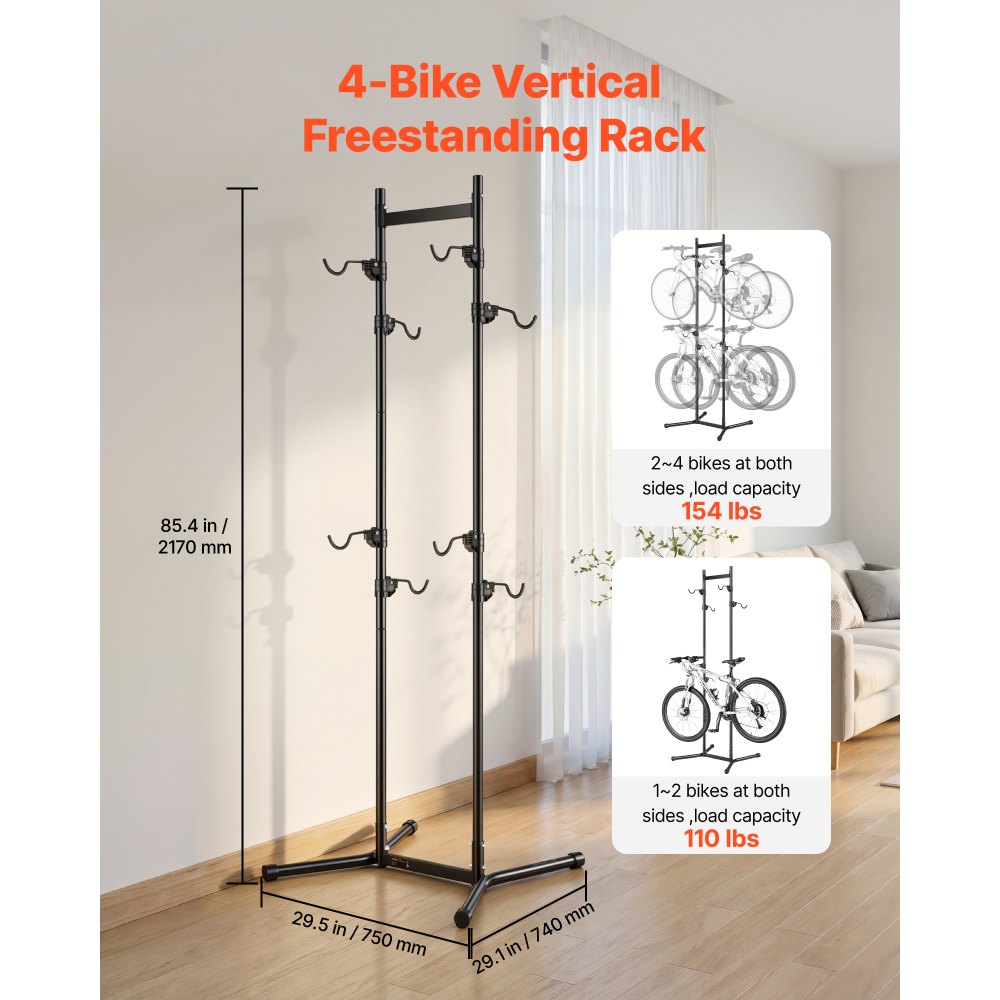 VEVOR Bike Stand for 4 Bikes, Freestanding Vertical Bike Storage Rack, with Height-Adjustable Hooks, Heavy-Duty Carbon