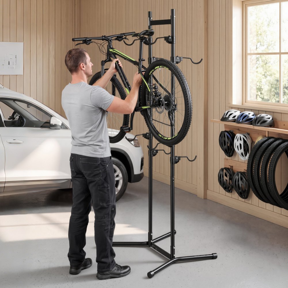 VEVOR Bike Stand for 4 Bikes, Freestanding Vertical Bike Storage Rack, with Height-Adjustable Hooks, Heavy-Duty Carbon