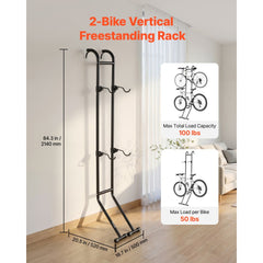 VEVOR Bike Stand for 2 Bikes, Freestanding Vertical Bike Storage Rack, with Height-Adjustable Hooks, Heavy-Duty Carbon