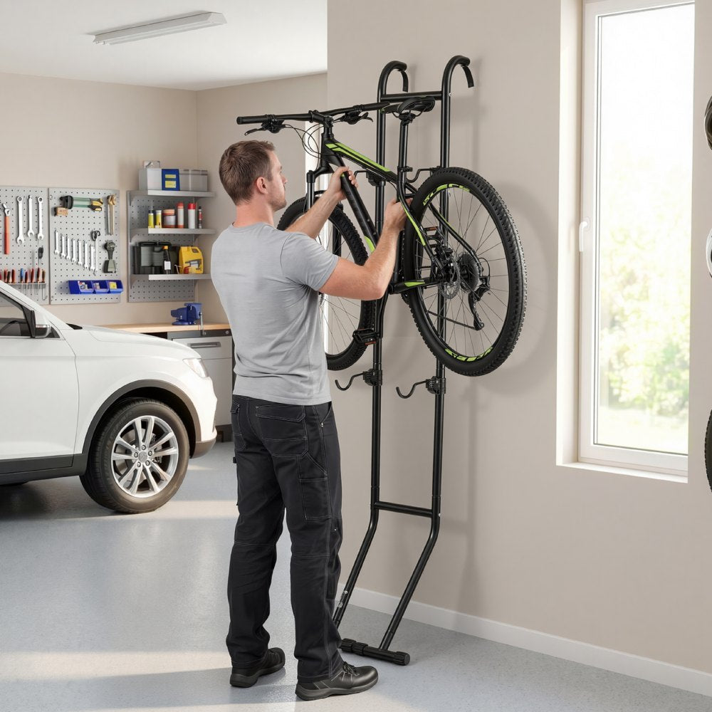 VEVOR Bike Stand for 2 Bikes, Freestanding Vertical Bike Storage Rack, with Height-Adjustable Hooks, Heavy-Duty Carbon