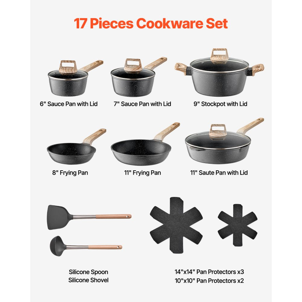 VEVOR 17 Piece Pots and Pans Set Nonstick, Granite Cookware Set, Induction Cookwares, Kitchen RV Cooking Sets with