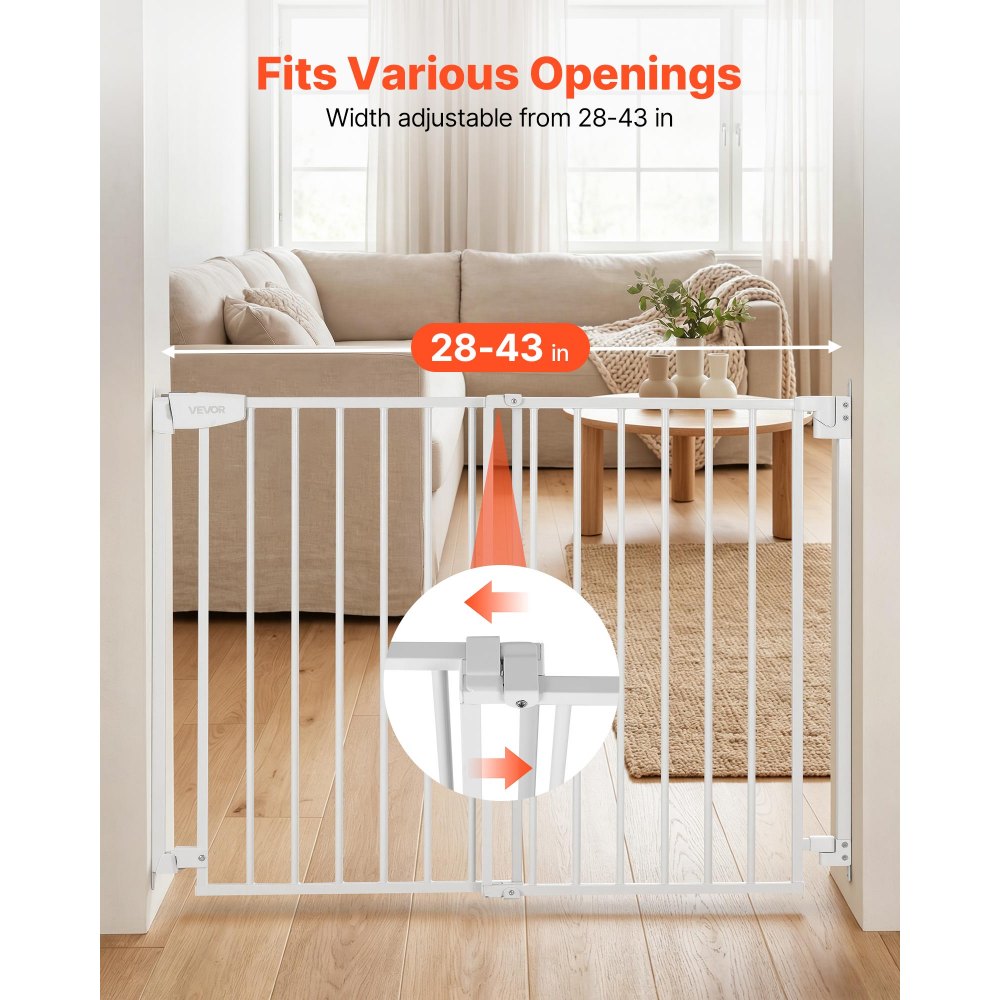 VEVOR Baby Gate for Stairs, 29-43 in Adjustable Width, 36 in High Dog Gate, No Bottom Bar, One-Handed Operation, Easy