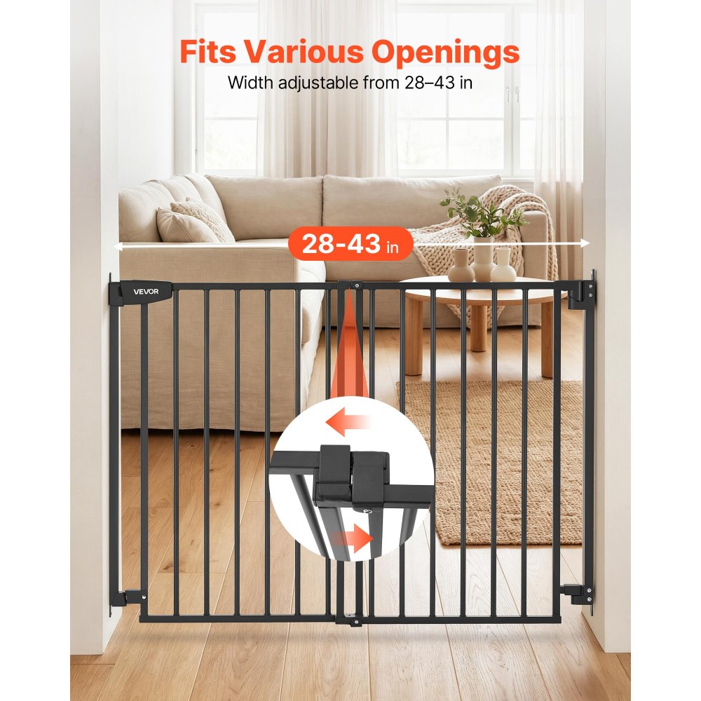 VEVOR Baby Gate for Stairs, 28-43 in Adjustable Width, 36 in High Dog Gate, No Bottom Bar, One-Handed Operation, Easy