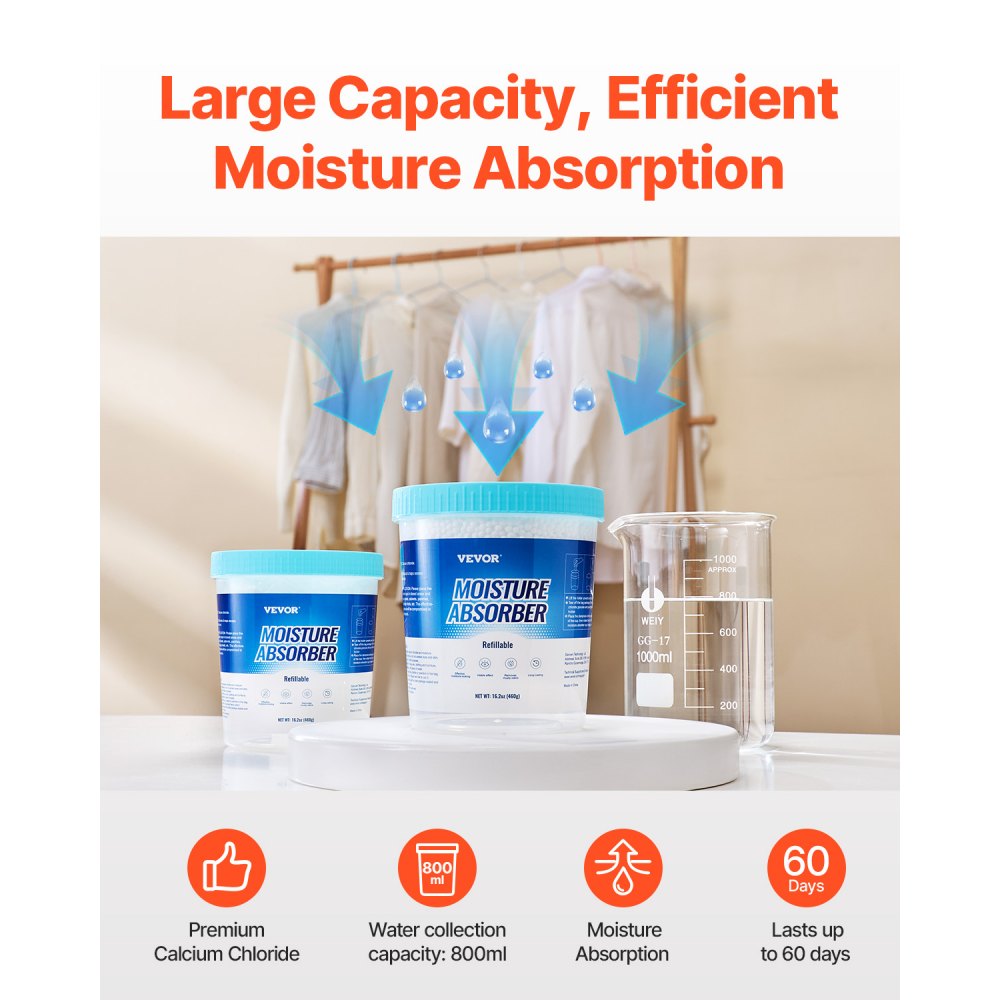 VEVOR Moisture Absorber Bucket, 2 Packs 16.2 oz Hi-Capacity Moisture Absorber Bucket with 800ml Storage Area & Reusable