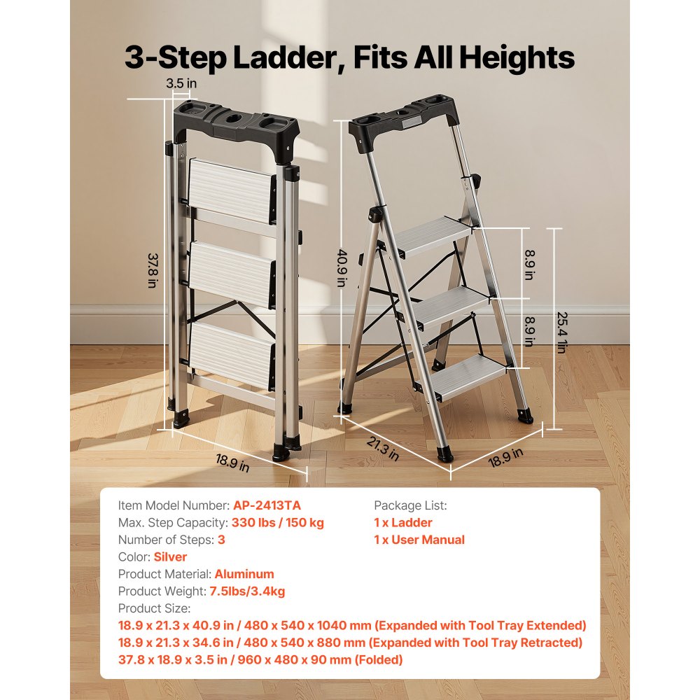 VEVOR 3 Step Ladder, Folding Step Stool with Wide Anti-Slip Pedal and Comfort Handgrip, 330 lbs Capacity Portable