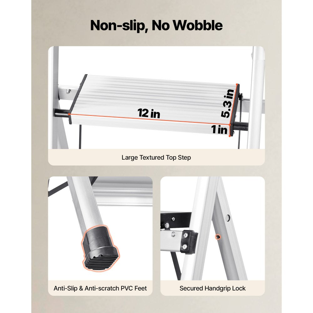 VEVOR 3 Step Ladder, Folding Step Stool with Wide Anti-Slip Pedal and Comfort Handgrip, 330 lbs Capacity Portable