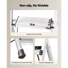 VEVOR 3 Step Ladder, Folding Step Stool with Wide Anti-Slip Pedal and Comfort Handgrip, 330 lbs Capacity Portable