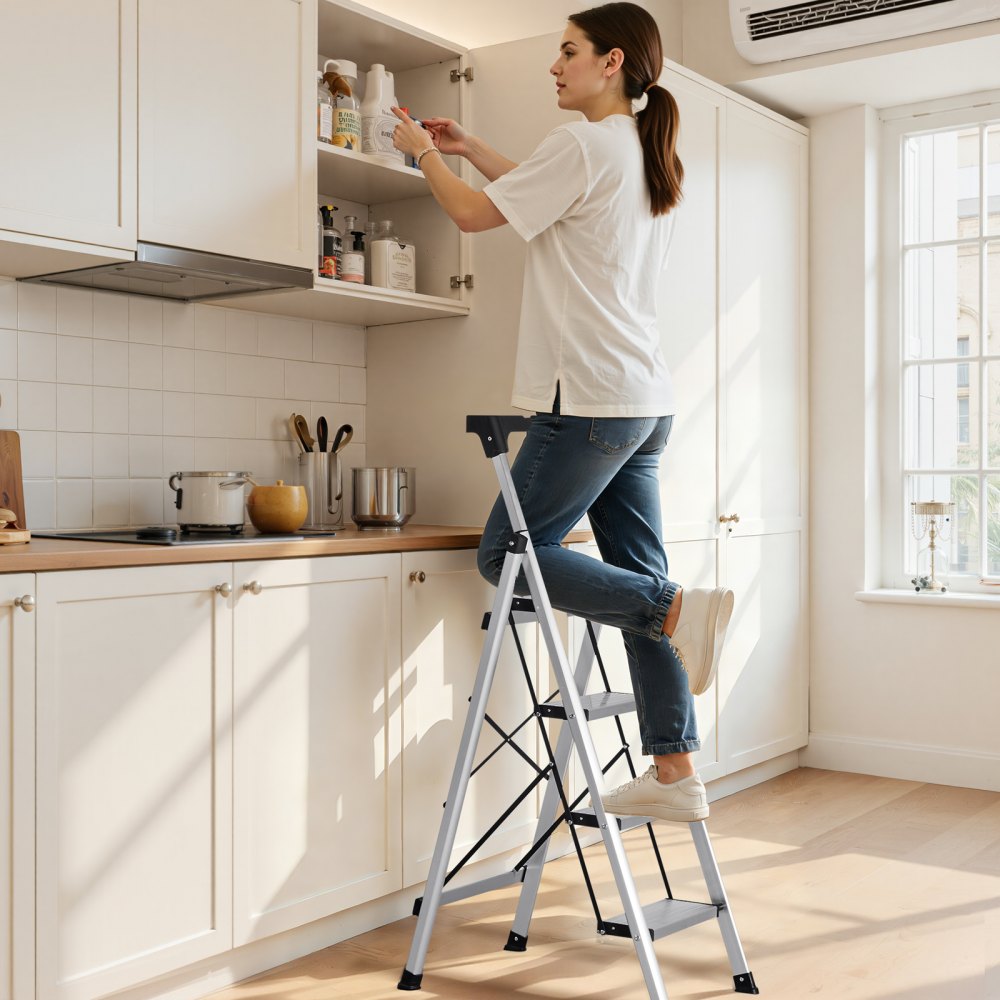 VEVOR 4 Step Ladder, Folding Step Stool with Wide Anti-Slip Pedal and Comfort Handgrip, 330 lbs Capacity Portable
