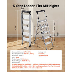 VEVOR 5 Step Ladder, Folding Step Stool with Wide Anti-Slip Pedal and Comfort Handgrip, 330 lbs Capacity Portable
