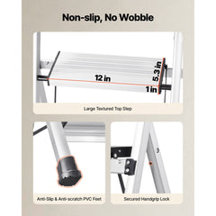 VEVOR 5 Step Ladder, Folding Step Stool with Wide Anti-Slip Pedal and Comfort Handgrip, 330 lbs Capacity Portable