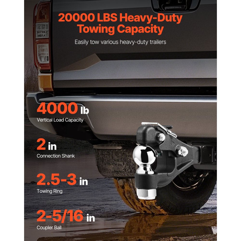 VEVOR Pintle Hook, 20000 lbs, Pintle Hook Hitch for 2-inch Hitch Hook Military Receiver, Combination 2-5/16-inch Hitch