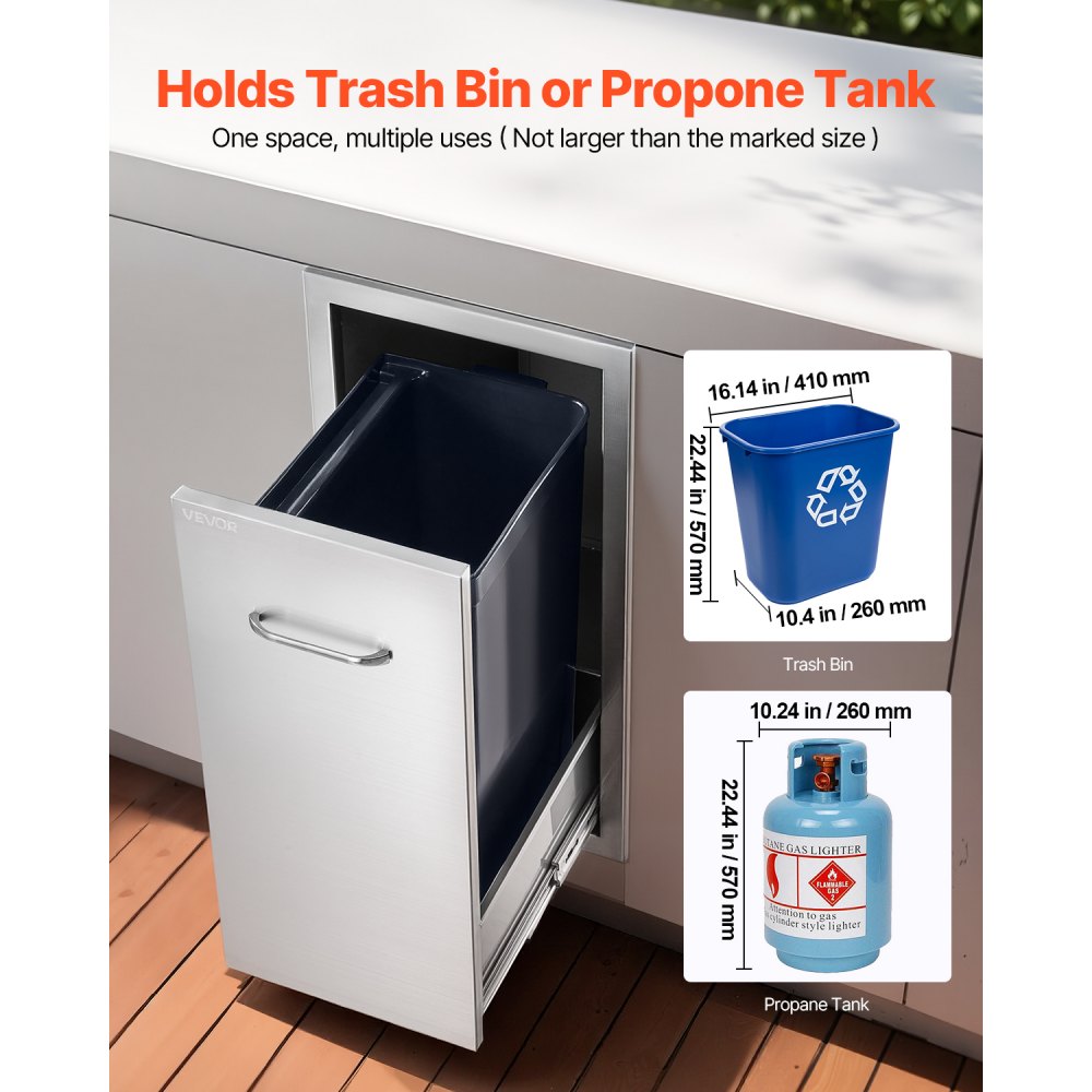 VEVOR Outdoor Kitchen Trash Drawer, 13.54"W x 19.61"D x 25.79"H Interior Storage, Multi-Purpose Outdoor Kitchen Drawers