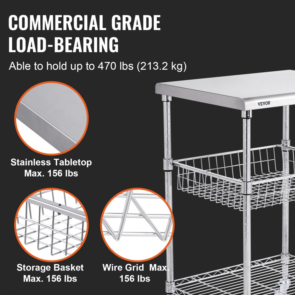 VEVOR Kitchen Utility Cart, 3 Tiers, Wire Rolling Cart with 470LBS Capacity, Steel Service Cart on Wheels, Metal