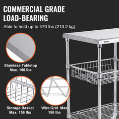 VEVOR Kitchen Utility Cart, 3 Tiers, Wire Rolling Cart with 470LBS Capacity, Steel Service Cart on Wheels, Metal