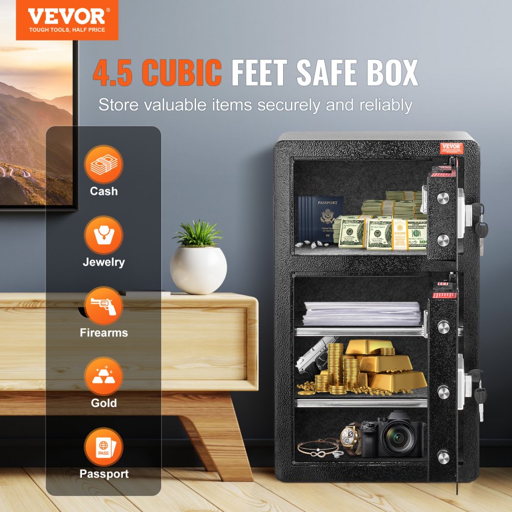 VEVOR Double Doors 4.5 cu.ft Safe Box with Key Lock & Password, Safe Lock Box with Fireproof Bag, Key Rack, LED Light