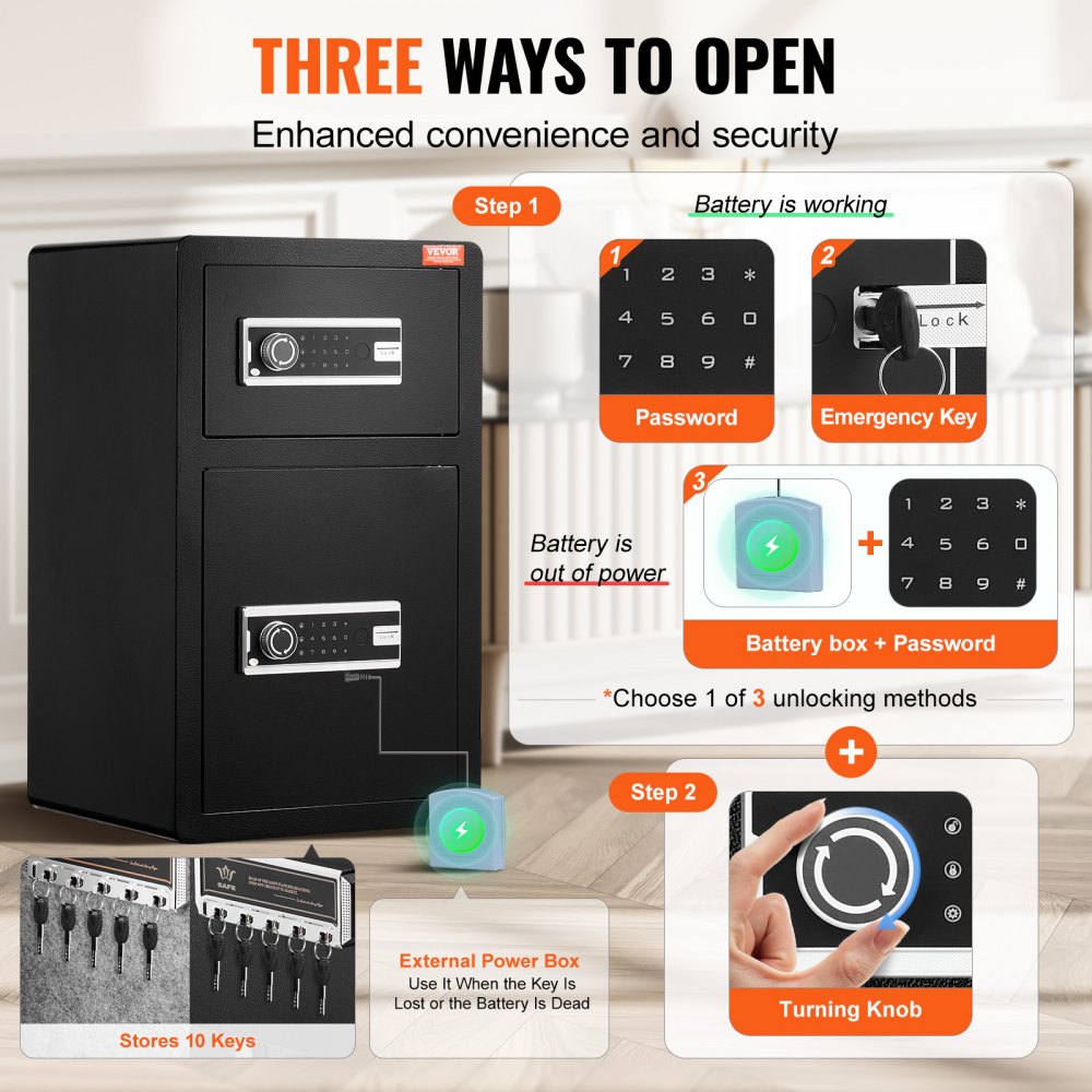 VEVOR Double Doors 4.5 cu.ft Safe Box with Key Lock & Password, Safe Lock Box with Fireproof Bag, Key Rack, LED Light
