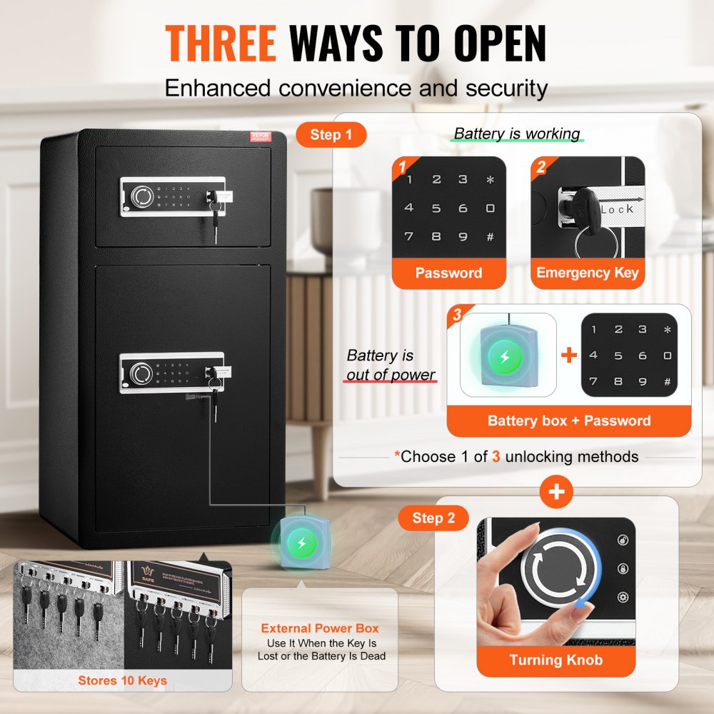 VEVOR Double Doors 5.5 cu.ft Safe Box with Key Lock & Password, Safe Lock Box with Fireproof Bag, Key Rack, LED Light