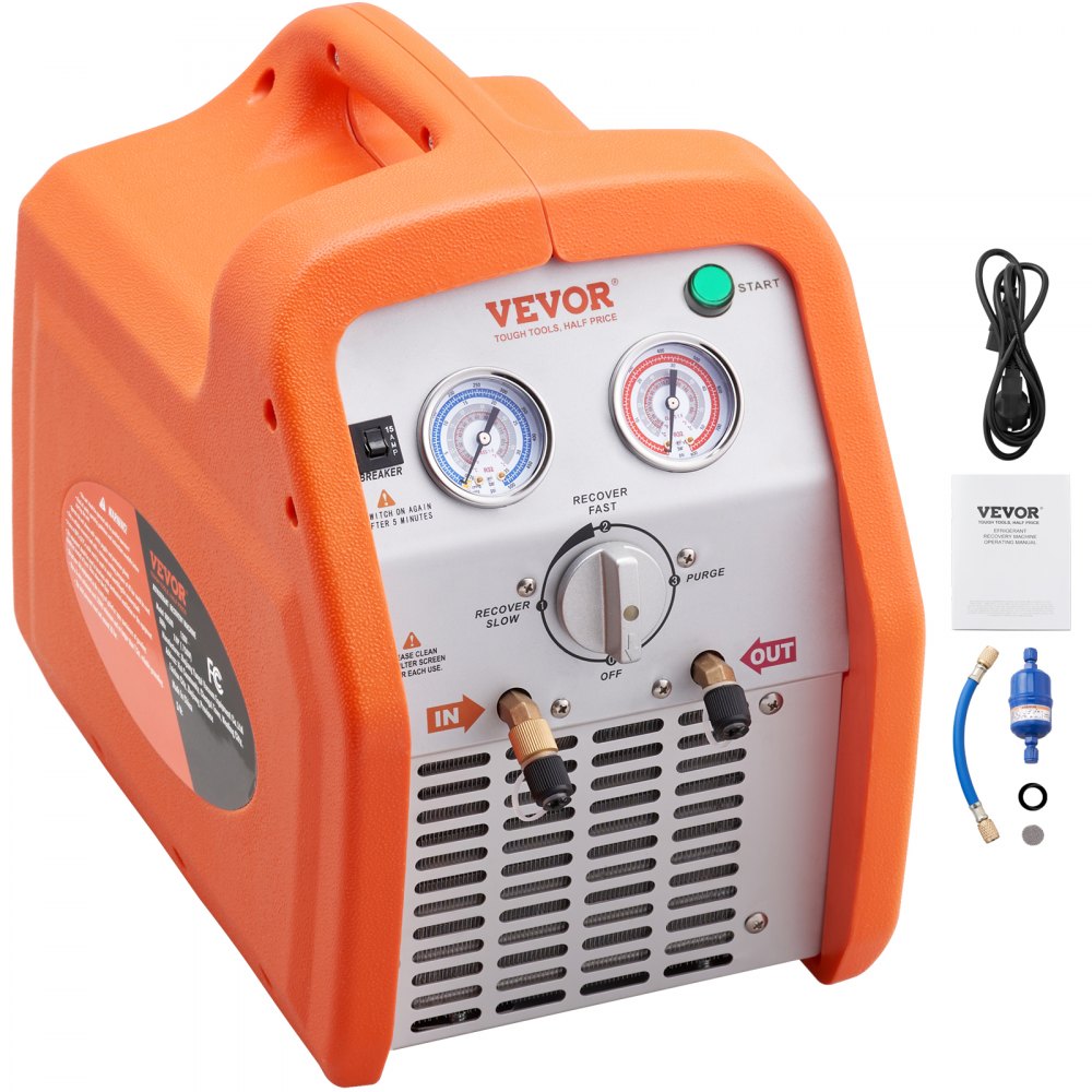 VEVOR 1 HP Refrigerant Recovery Machine - Dual Cylinder Portable AC Recovery Machine with High Pressure Protection 120V
