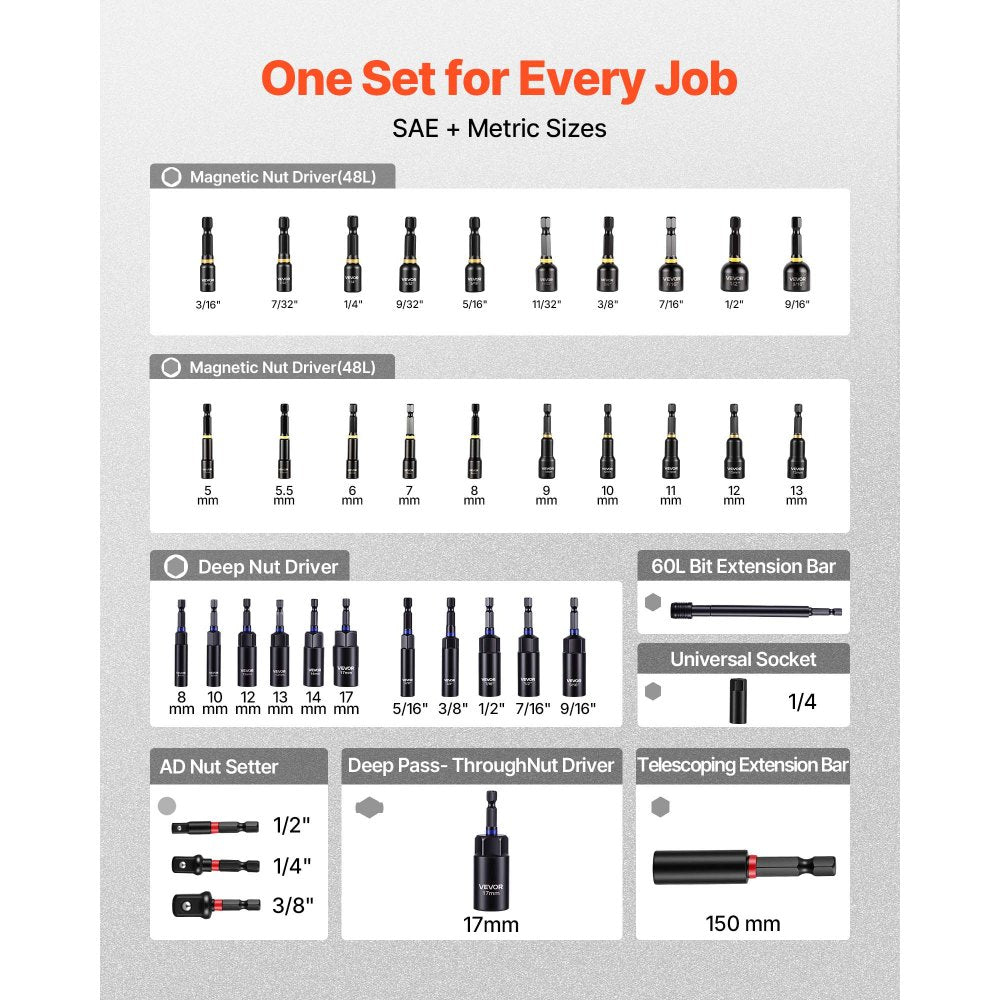VEVOR 80-Piece Premium Magnetic Impact Nut Driver Set, Metric & SAE Sizes, with Socket Adapters, Bit Holder, Wing Nut