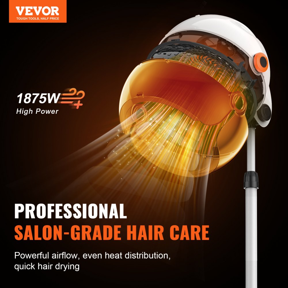VEVOR Salon-Grade Hair Dryer, 1875W Powerful Stand Dryer, Adjustable Timer & 3 Heat/Speed Options, Mobile Base with