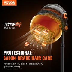 VEVOR Ionic Hood Dryer, 1875W Pro Bonnet Hair Dryer, Timer, 3 Temperature Levels & Adjustable Speed, Mobile Floor Stand