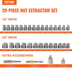 VEVOR Bolt Extractor Set, 29-Piece Bolt and Nut Remover Set, 6mm to 10mm, 13/32" to 3/4", CR-MO Steel Extraction Socket