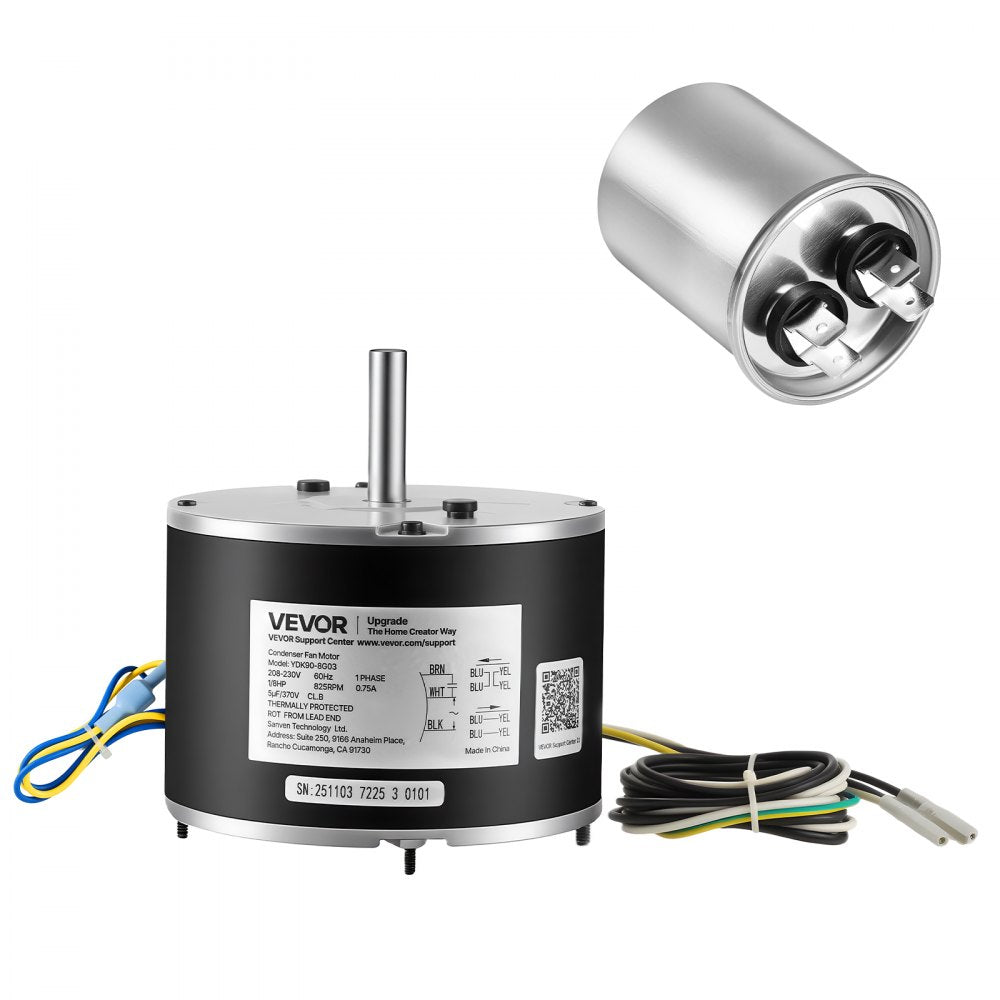 VEVOR Condenser Fan Motor with Capacitor, 1/8HP 825RPM 208-230V, Replacement for GE Genteq Carrier Bryant Payne