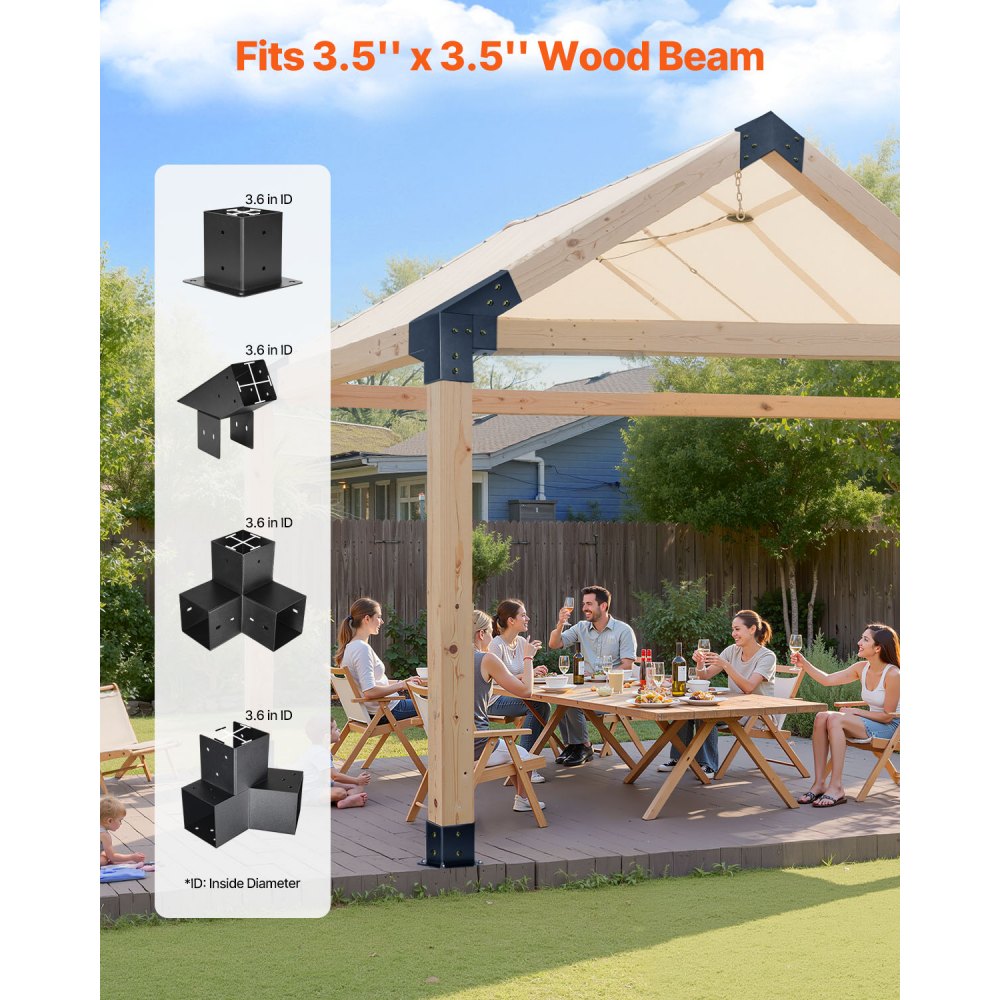 VEVOR Pergola Kit, 4x4 Inch Pointed-Roof Pergola Brackets for 3.5x3.5 In Lumbers in Actual Size, 3-Way / 4-Way Gazebo