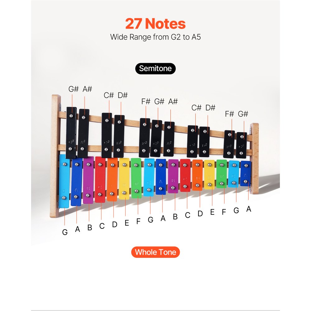 VEVOR Glockenspiel Xylophone, 27 Notes, Professional Xylophone Percussion Instrument, with Colorful Metal Keys