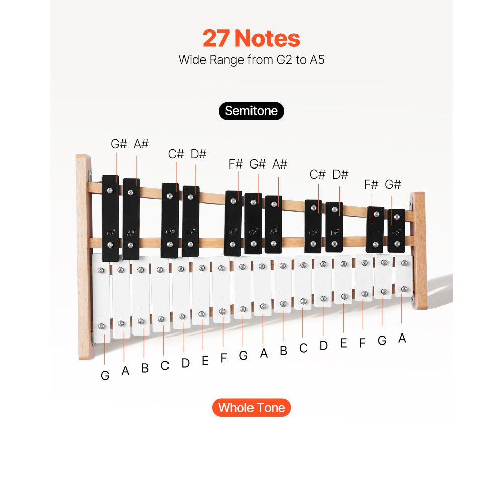VEVOR Glockenspiel Xylophone, 27 Notes, Professional Xylophone Percussion Instrument, with Metal Keys, Includes 4