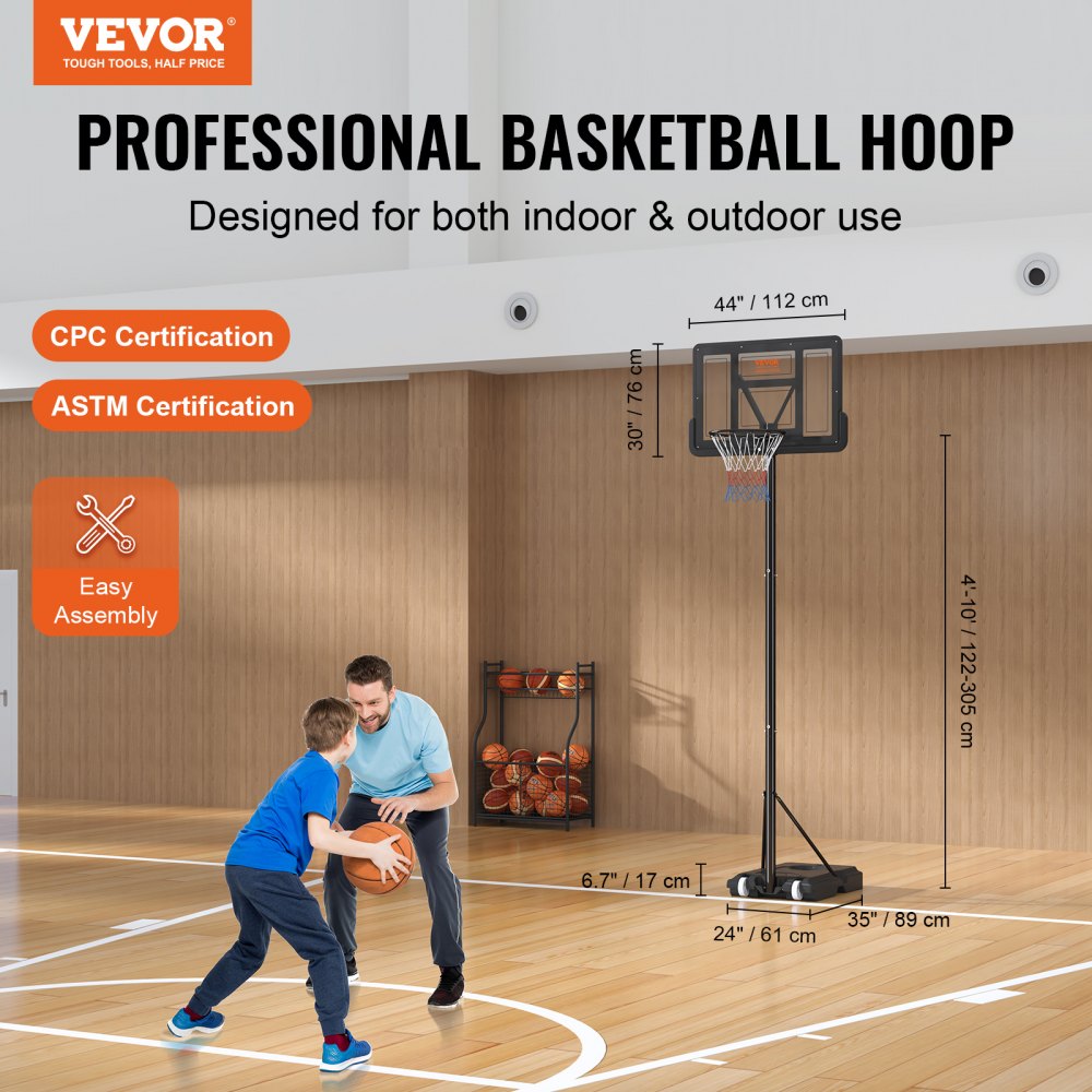 VEVOR Basketball Hoop, 4-10 ft Adjustable Height Portable Backboard System, 44 inch Basketball Hoop & Goal, Kids &