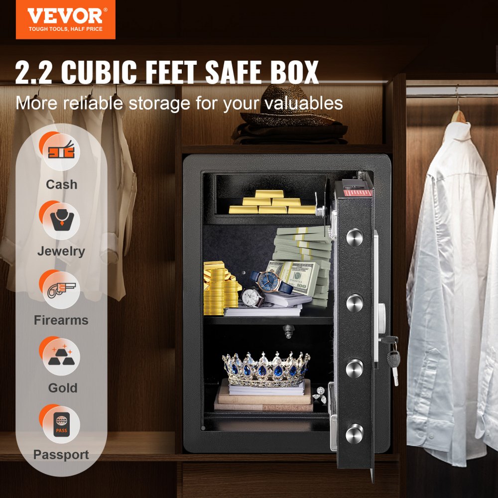 VEVOR Safe, 2.2 Cubic Feet Home Safe, Steel Security Safe with Fingerprint, Digital Keypad and 2 Keys, Cabinet Safe