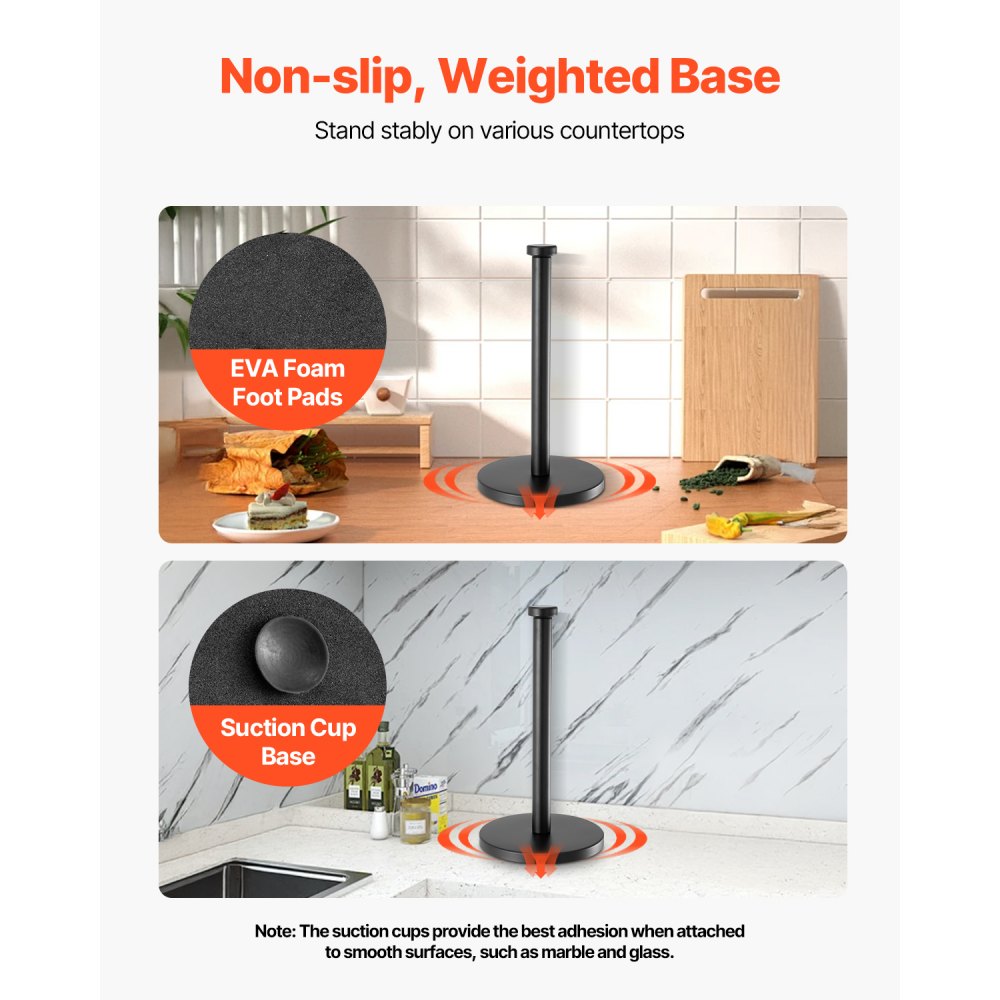 VEVOR Paper Towel Holder Countertop, Stainless Steel Kitchen Paper Towel Stand with Weighted Base and Suction Cups