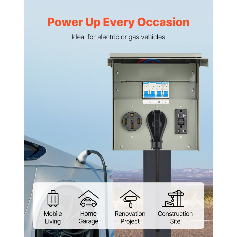 VEVOR Temporary Power Outlet Panel, 20 30 50 Amp, RV EV Electrical Outlet Panel, with NEMA 50 Amp NEMA 30 Amp GFCI 20