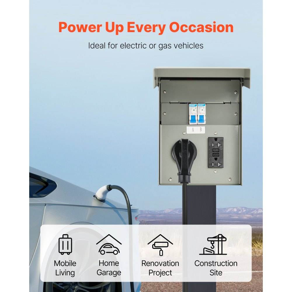 VEVOR Temporary Power Outlet Panel, 20 30 Amp, RV EV Electrical Outlet Panel with NEMA 30 Amp GFCI 20 Amp Receptacle