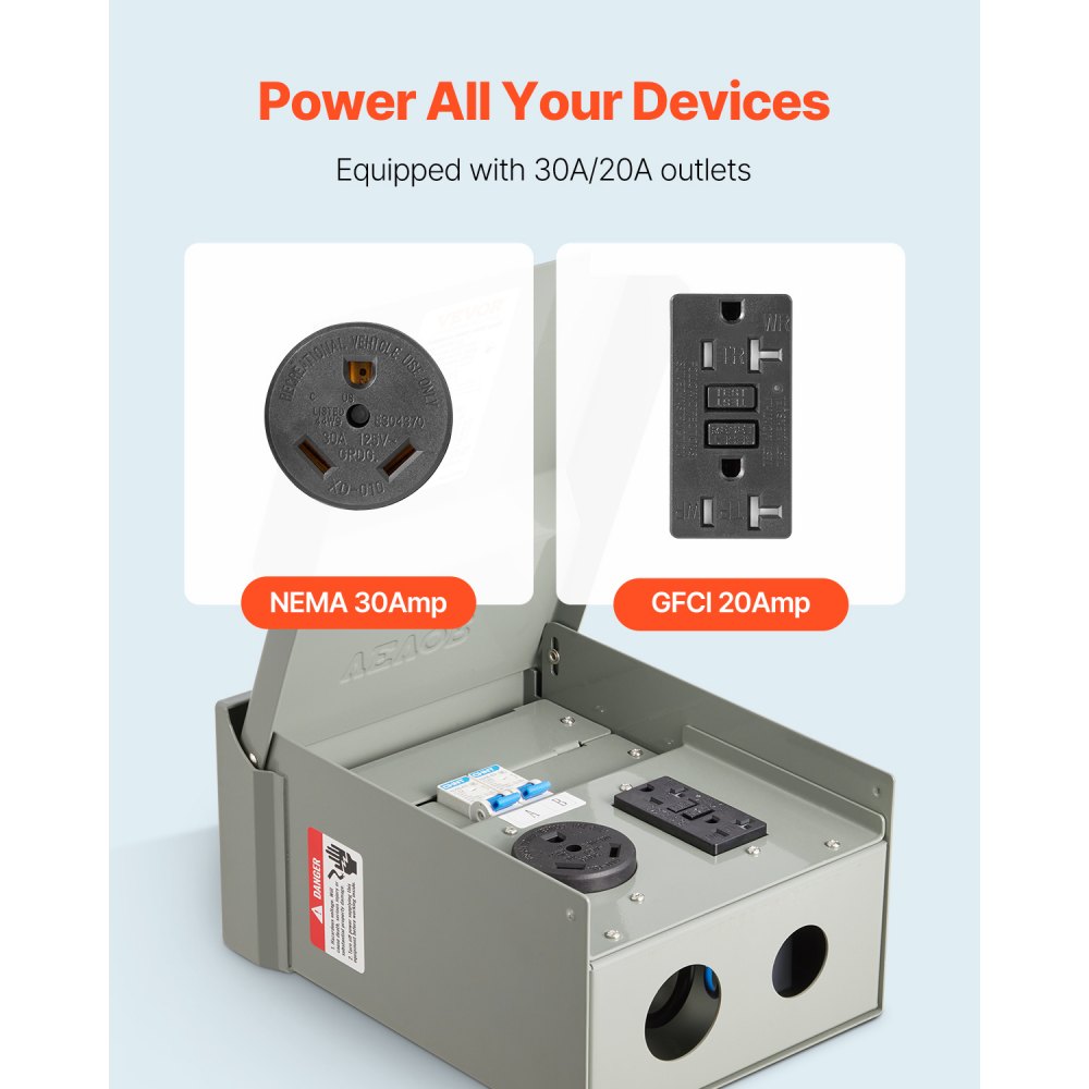VEVOR Temporary Power Outlet Panel, 20 30 Amp, RV EV Electrical Outlet Panel with NEMA 30 Amp GFCI 20 Amp Receptacle