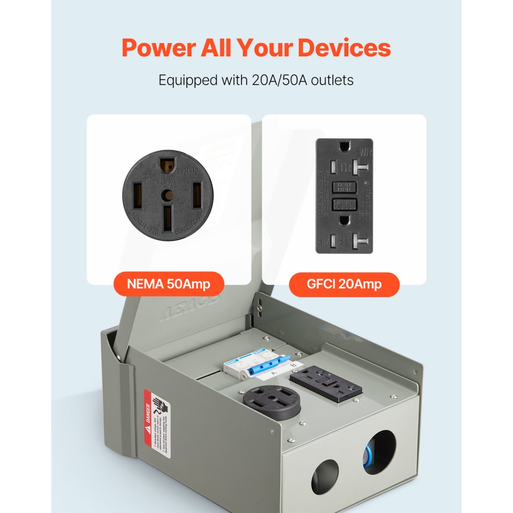 VEVOR Temporary Power Outlet Panel, 20 50 Amp, RV EV Electrical Outlet Panel with NEMA 50 Amp GFCI 20 Amp Receptacle