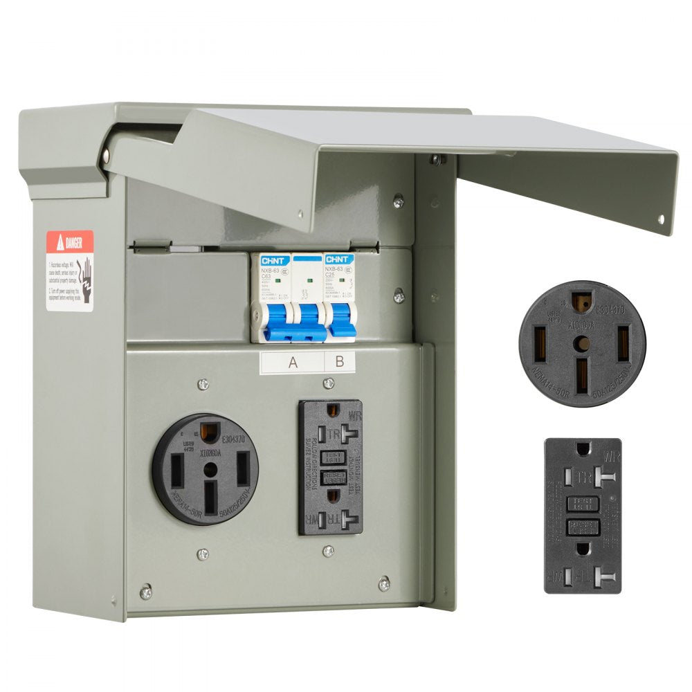 VEVOR Temporary Power Outlet Panel, 20 50 Amp, RV EV Electrical Outlet Panel with NEMA 50 Amp GFCI 20 Amp Receptacle