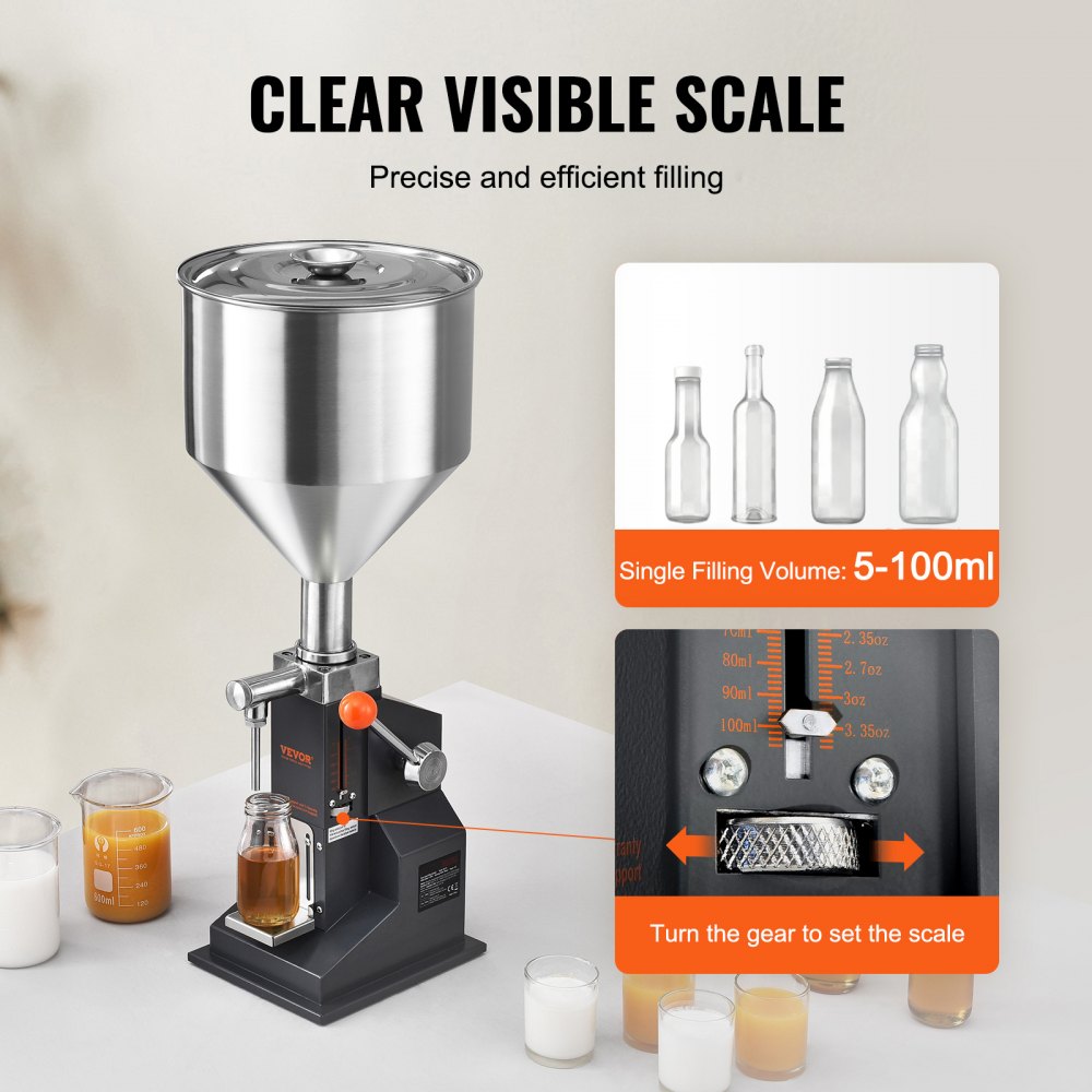 VEVOR Manual Paste Liquid Filling Machine, 5-100ml Bottle Filler, Adjustable Bottle Filling Machine, Stainless Steel