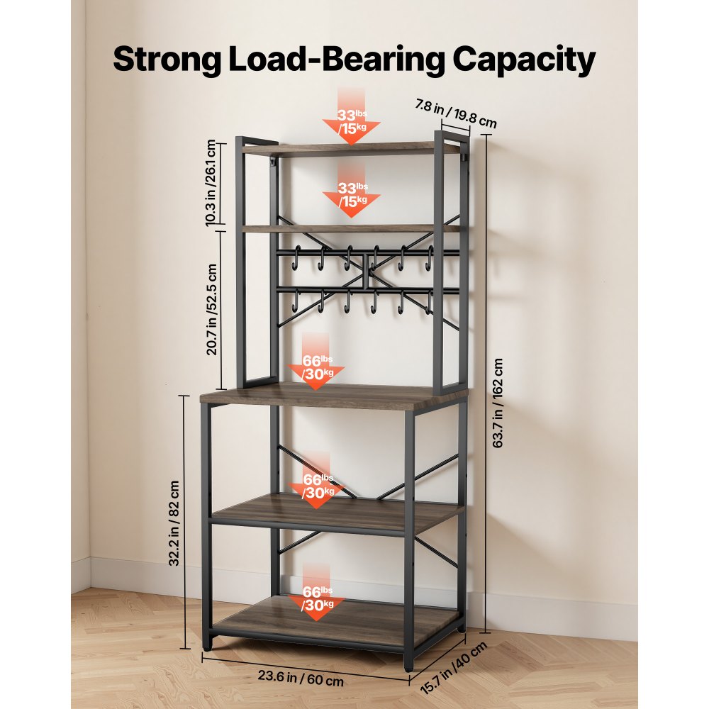 VEVOR Kitchen Bakers Rack, 23.6 inch Width Bakers Rack, Kitchen Stand with X-Shaped Support Bar, 12 S-Shaped Hooks